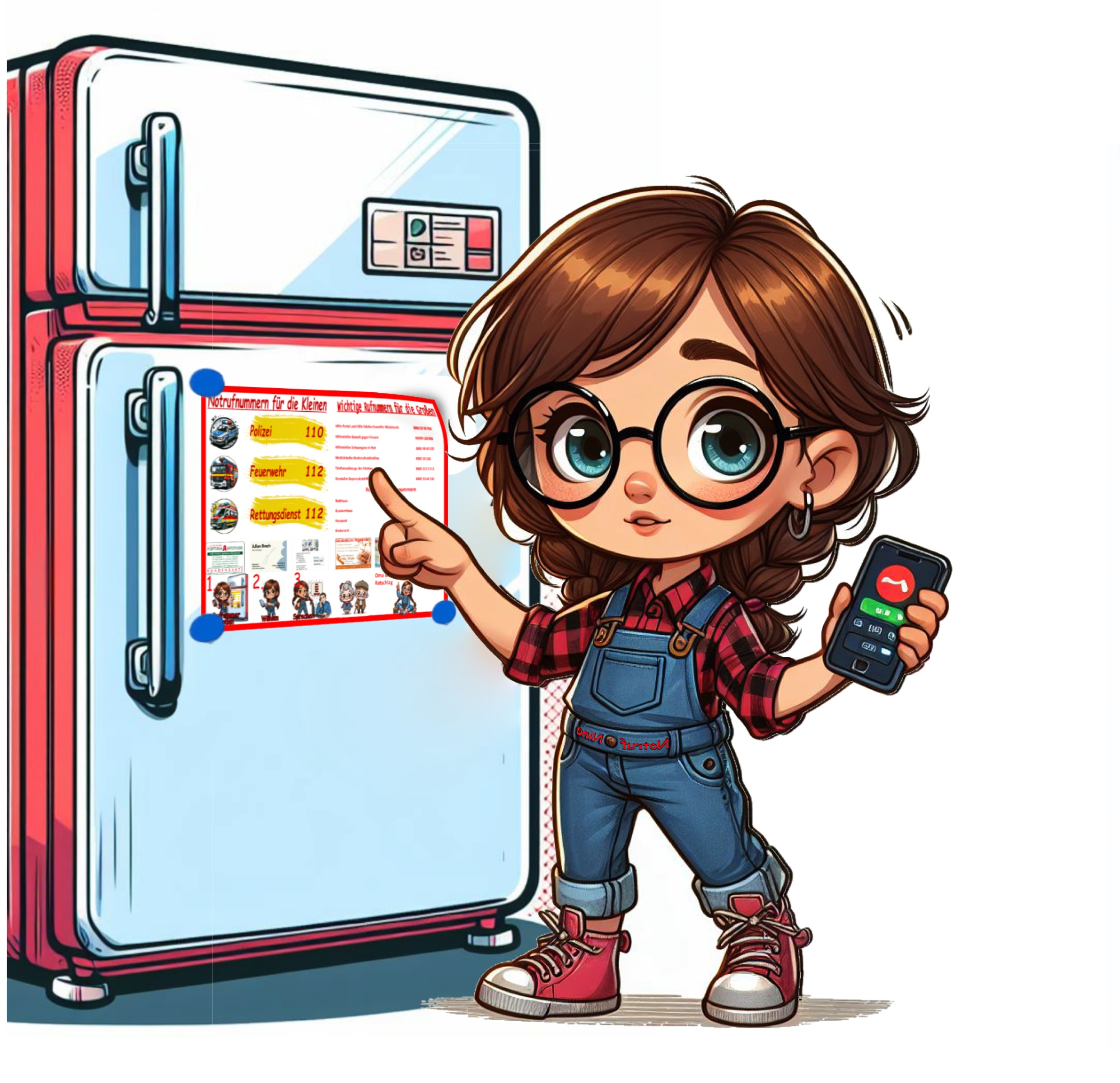 Annie zeigt, wo die Kindernotruftafel am Kühlschrank hängt